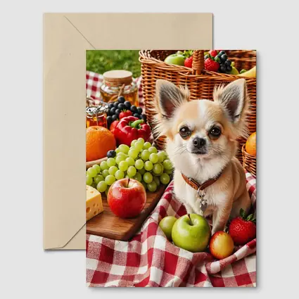 Chihuahua Sitting on Picnic Blanket with Fruits