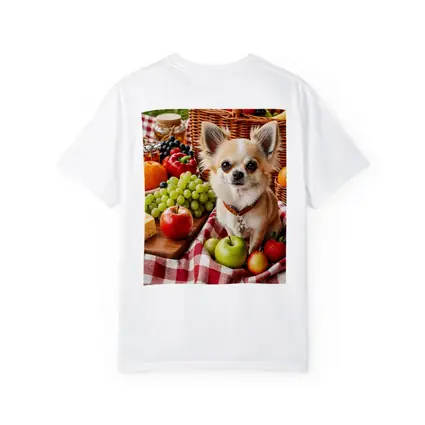 Chihuahua Sitting on Picnic Blanket with Fruits