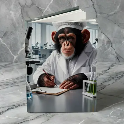 Chimpanzee Scientist Writing Notes In Laboratory