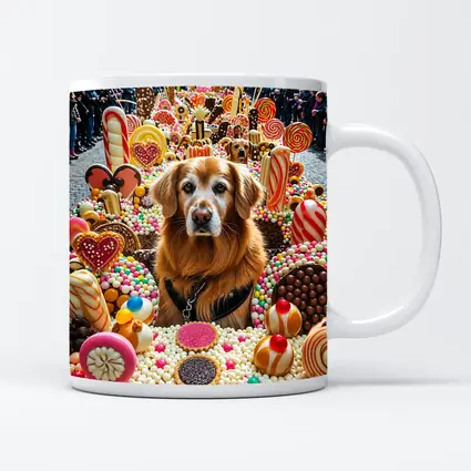 Golden Retriever Surrounded by Colorful Candy Parade