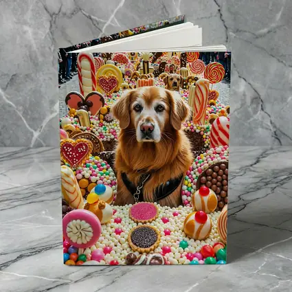 Golden Retriever Surrounded by Colorful Candy Parade