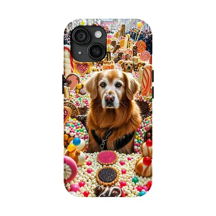Golden Retriever Surrounded by Colorful Candy Parade