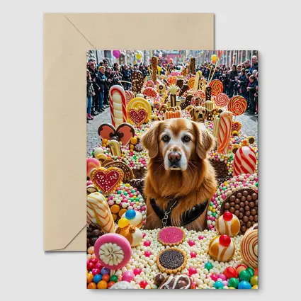 Golden Retriever Surrounded by Colorful Candy Parade