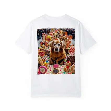 Golden Retriever Surrounded by Colorful Candy Parade