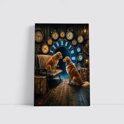 Golden Retrievers In Steampunk Clock Room