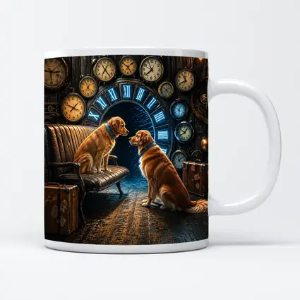 Golden Retrievers In Steampunk Clock Room