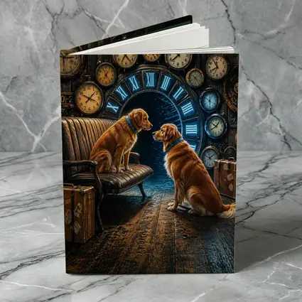 Golden Retrievers In Steampunk Clock Room