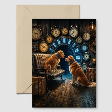 Golden Retrievers In Steampunk Clock Room
