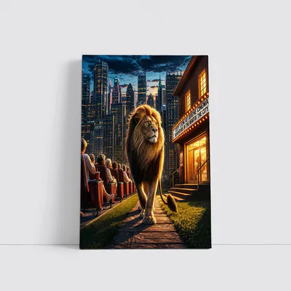 Lion Walking Past City Cinema at Night