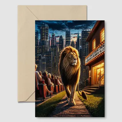 Lion Walking Past City Cinema at Night