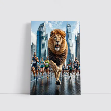 Lion Running City Marathon Skyscrapers Background