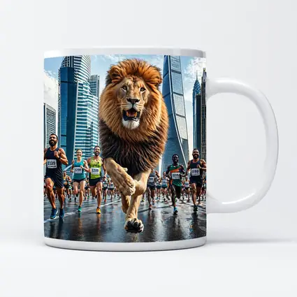 Lion Running City Marathon Skyscrapers Background