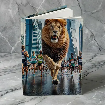 Lion Running City Marathon Skyscrapers Background