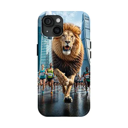 Lion Running City Marathon Skyscrapers Background