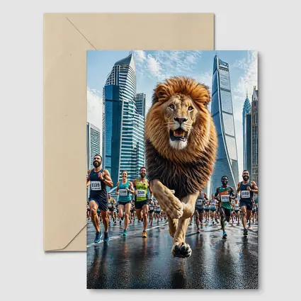 Lion Running City Marathon Skyscrapers Background