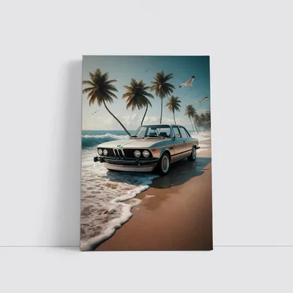 Classic BMW Sedan Parked on Tropical Beach