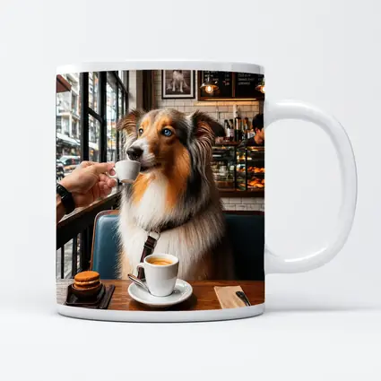 Australian Shepherd Dog Enjoying Coffee Cafe