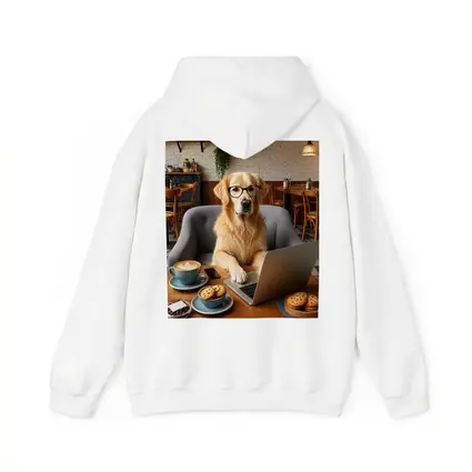 Golden Retriever Working Laptop Cafe Setting