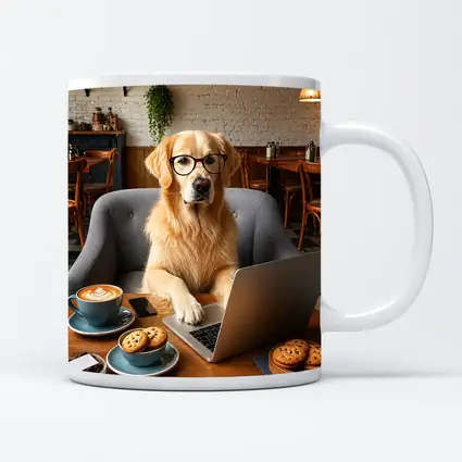 Golden Retriever Working Laptop Cafe Setting