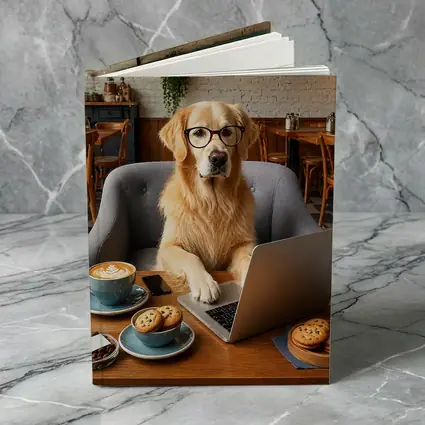 Golden Retriever Working Laptop Cafe Setting