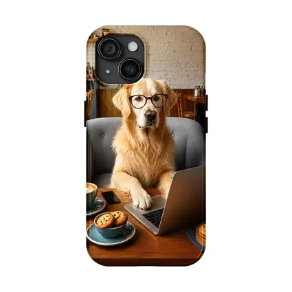 Golden Retriever Working Laptop Cafe Setting
