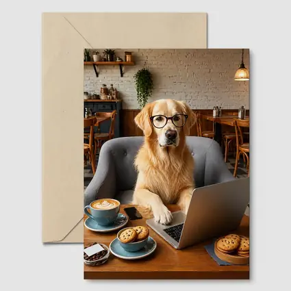 Golden Retriever Working Laptop Cafe Setting