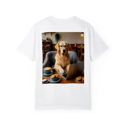 Golden Retriever Working Laptop Cafe Setting