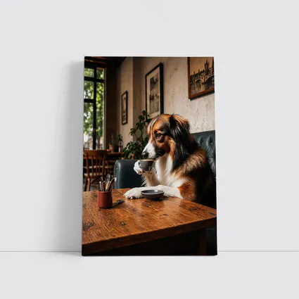 Border Collie Drinking Coffee in Cozy Cafe