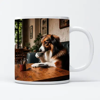 Border Collie Drinking Coffee in Cozy Cafe