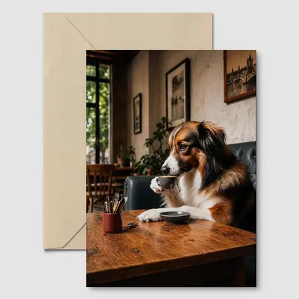Border Collie Drinking Coffee in Cozy Cafe