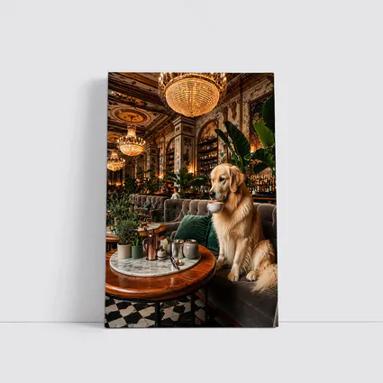 Golden Retriever Sipping Coffee Fancy Cafe