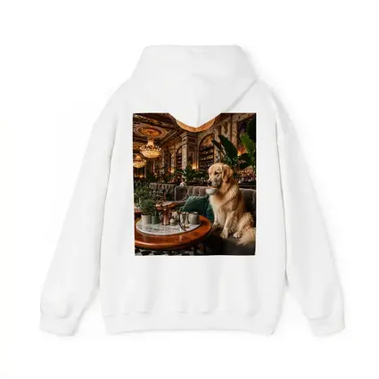 Golden Retriever Sipping Coffee Fancy Cafe