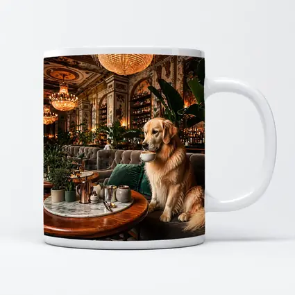 Golden Retriever Sipping Coffee Fancy Cafe