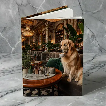 Golden Retriever Sipping Coffee Fancy Cafe