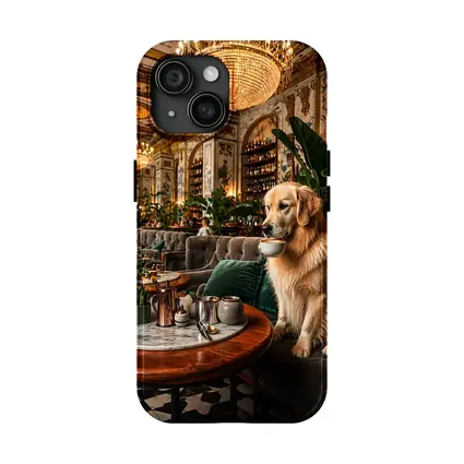 Golden Retriever Sipping Coffee Fancy Cafe