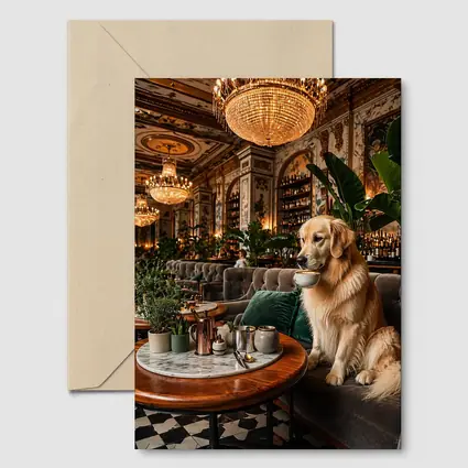 Golden Retriever Sipping Coffee Fancy Cafe