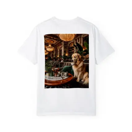 Golden Retriever Sipping Coffee Fancy Cafe