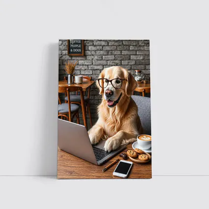 Golden Retriever Working Laptop Cozy Cafe