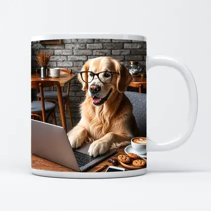 Golden Retriever Working Laptop Cozy Cafe