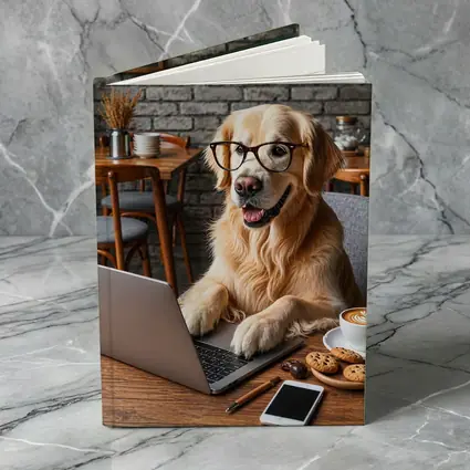 Golden Retriever Working Laptop Cozy Cafe