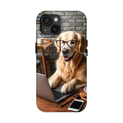 Golden Retriever Working Laptop Cozy Cafe