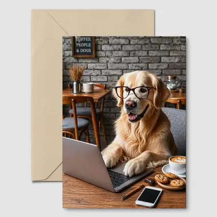 Golden Retriever Working Laptop Cozy Cafe