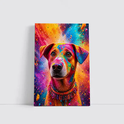 Happy Dog Covered in Colorful Holi Powder