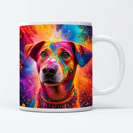Happy Dog Covered in Colorful Holi Powder