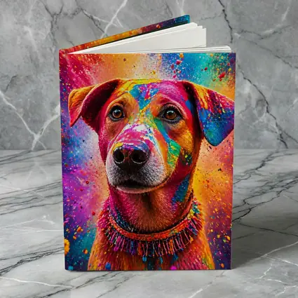 Happy Dog Covered in Colorful Holi Powder