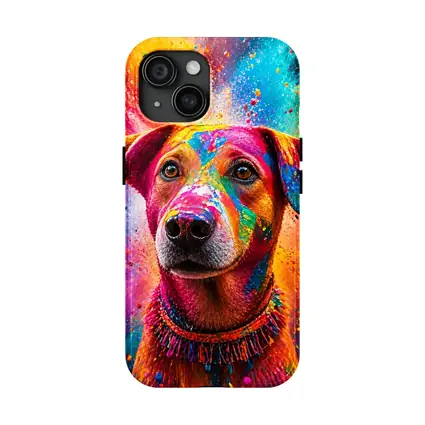 Happy Dog Covered in Colorful Holi Powder