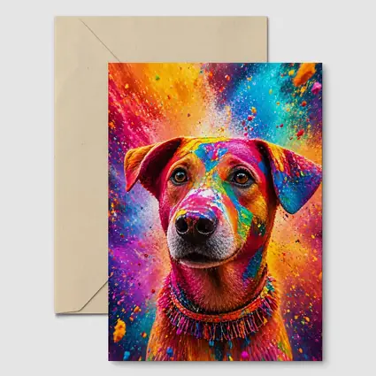 Happy Dog Covered in Colorful Holi Powder