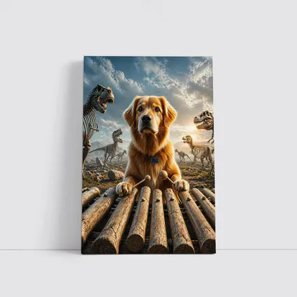 Golden Retriever Playing Xylophone With Dinosaur Skeletons
