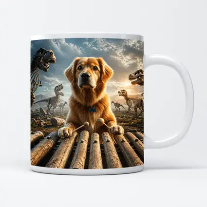 Golden Retriever Playing Xylophone With Dinosaur Skeletons