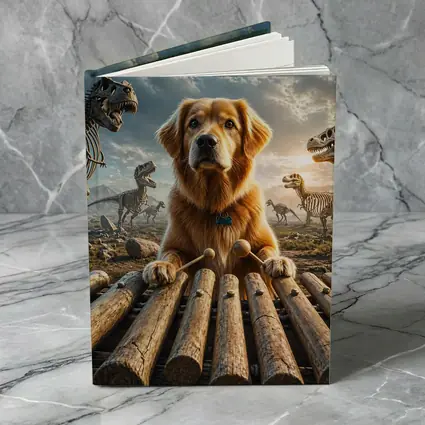 Golden Retriever Playing Xylophone With Dinosaur Skeletons